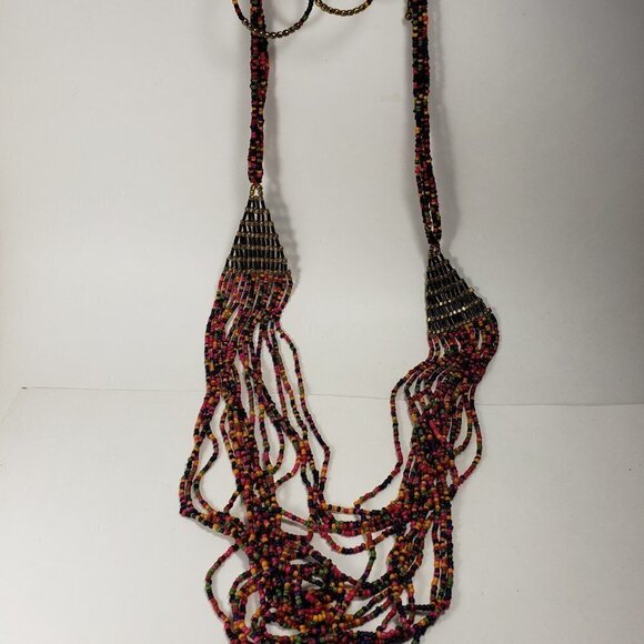 42" Gold tone Layered Colorful Beaded Statement Long Neckace & Matching Earrings - Picture 10 of 15